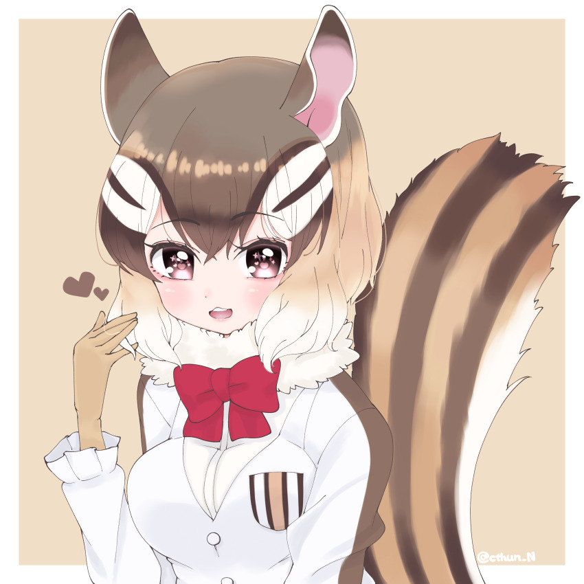 1girl absurdres animal_ears blazer bow bowtie brown_background brown_eyes brown_hair chipmunk_ears chipmunk_girl chipmunk_tail cthun_n extra_ears gloves heart highres jacket kemono_friends looking_at_viewer scarf shirt short_hair siberian_chipmunk_(kemono_friends) simple_background solo tail upper_body