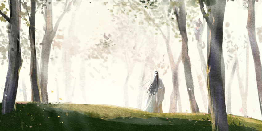 1boy black_hair chinese_clothes falling_leaves forest from_behind grass hanfu headband lan_wangji leaf long_hair long_sleeves modao_zushi nature outdoors standing topknot tree white_hanfu white_headband wide_sleeves xianduguaitan