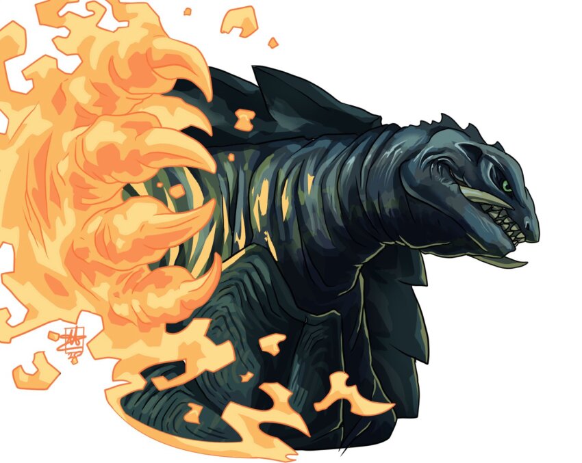 alex_alcanter banishing_fist banishing_sword daiei_film elemental_(creature) energy energy_arm energy_fist fire fire_elemental gamera gamera_(series) gamera_3:_revenge_of_iris glowing glowing_fist glowing_hand green_eyes highres kaiju plasma shell simple_background turtle turtle_shell tusks white_background