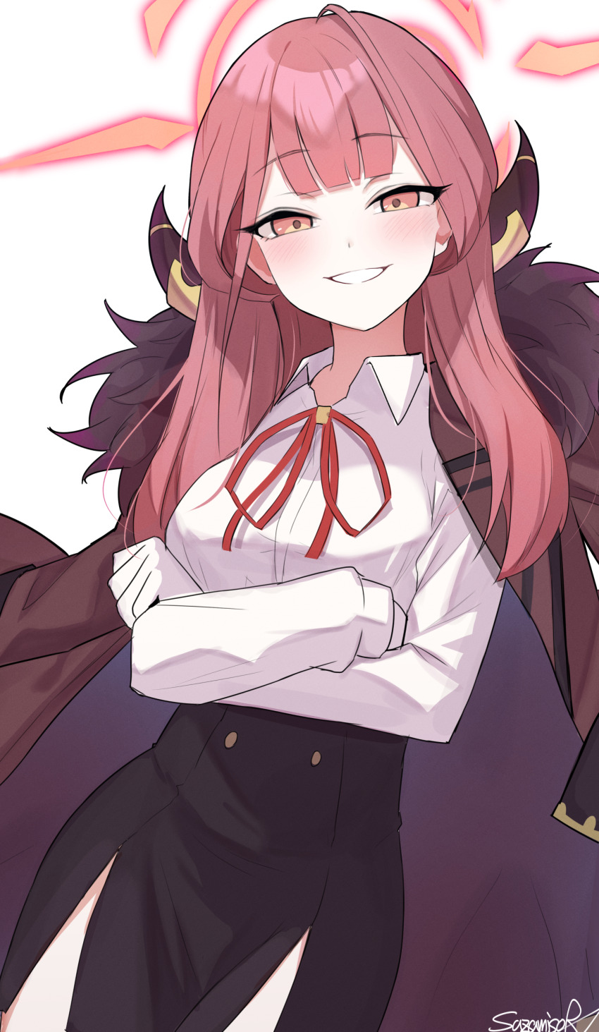 1girl absurdres aru_(blue_archive) blue_archive bow bowtie highres long_hair long_sleeves looking_at_viewer red_eyes sazamiso_rx shirt smile solo white_shirt yellow_eyes