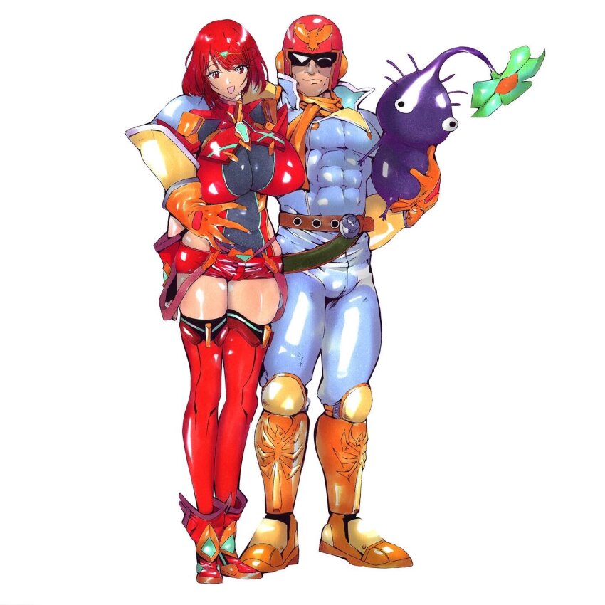1boy 1girl abs arm_around_shoulder artbycale belt boots breasts captain_falcon chest_jewel closed_mouth covered_abs crossover f-zero flower full_body gloves green_flower highres huge_breasts looking_at_viewer nintendo one_eye_closed open_mouth orange_gloves orange_scarf pants pikmin_(creature) pikmin_(series) purple_pikmin pyra_(xenoblade) red_hair red_shorts red_thighhighs scarf short_hair short_shorts shorts simple_background standing super_smash_bros. thigh_boots thighhighs white_background xenoblade_chronicles_(series) xenoblade_chronicles_2