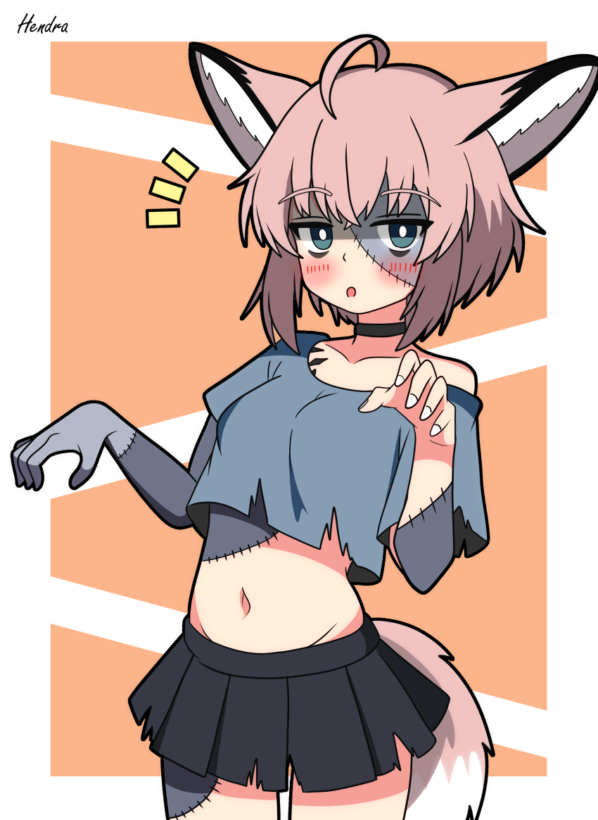 1girl absurdres ahoge animal_ears arknights black_skirt blue_eyes breasts fox_ears fox_girl fox_tail halloween hendra highres navel notice_lines patchwork_skin shirt skirt small_breasts solo sussurro_(arknights) tail zombie