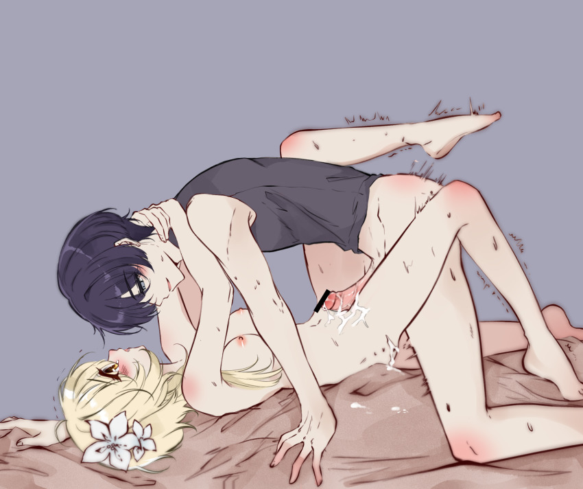 1boy 1girl after_vaginal aftersex arms_around_neck bar_censor black_shirt blonde_hair blush bottomless boy_on_top breasts censored clothed_male_nude_female couple cum cum_on_body cum_on_crotch cum_on_penis cum_on_sheets cum_on_stomach eyelashes fingernails flower from_side genshin_impact grey_background grey_eyes hair_flower hair_intakes hair_ornament half-closed_eyes hand_on_another&#039;s_nape hand_on_bed hetero highres knee_blush leg_up lumine_(genshin_impact) lying migigi missionary nipples nude on_back on_bed open_hands open_mouth penis purple_hair scaramouche_(genshin_impact) shirt short_hair short_hair_with_long_locks shoulder_blush sidelocks sideways_mouth sleeveless sleeveless_shirt smile sweat tearing_up tears trembling tsurime twitching white_flower wide-eyed yellow_eyes