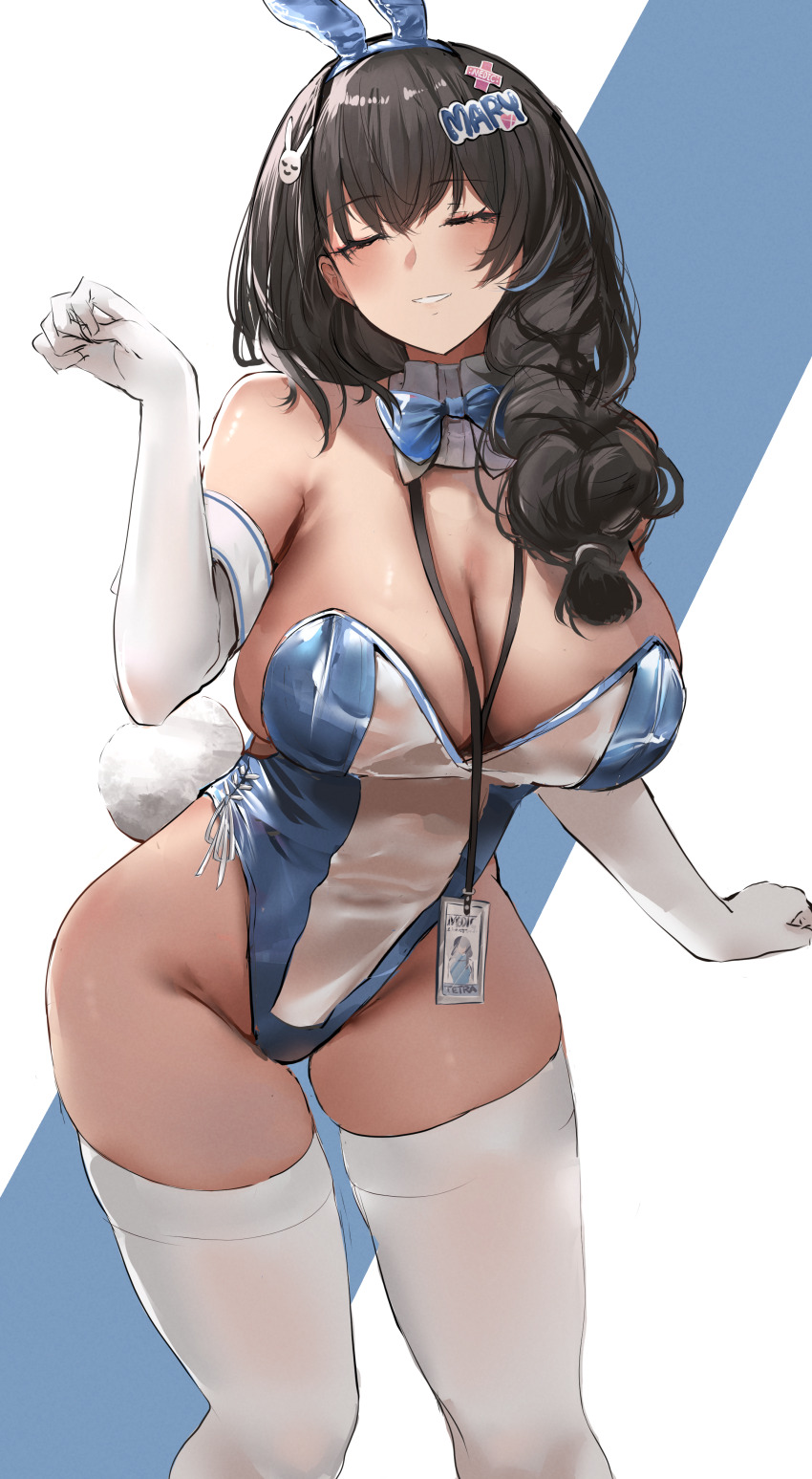 1girl absurdres animal_ears bare_shoulders black_hair blue_bow blue_bowtie blue_leotard bow bowtie braid braided_ponytail breasts cleavage closed_eyes contrapposto elbow_gloves gloves goddess_of_victory:_nikke hair_ornament hair_over_shoulder highres id_card lanyard large_breasts leotard liaowen mary_(medical_rabbit)_(nikke) mary_(nikke) meme_attire official_alternate_costume parted_lips playboy_bunny rabbit_ears rabbit_hair_ornament rabbit_tail solo tail thighhighs translucent_bunnysuit white_gloves white_thighhighs