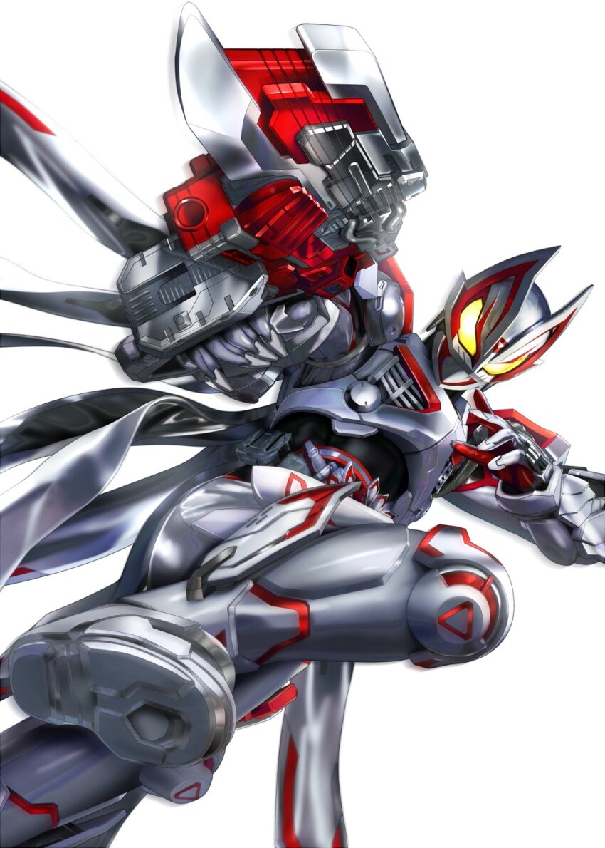 1boy aiming aiming_at_viewer armor bodysuit boost_mark_ix_buckle boots cape commentary_request flaming_eye fox_mask geats_buster_qb9 glowing glowing_eyes gunblade helmet highres holding holding_sword holding_weapon kamen_rider kamen_rider_geats kamen_rider_geats_(series) kamen_rider_geats_ix light_particles male_focus mask masukudo_(hamamoto_hikaru) rider_belt solo sword weapon white_background white_boots yellow_eyes