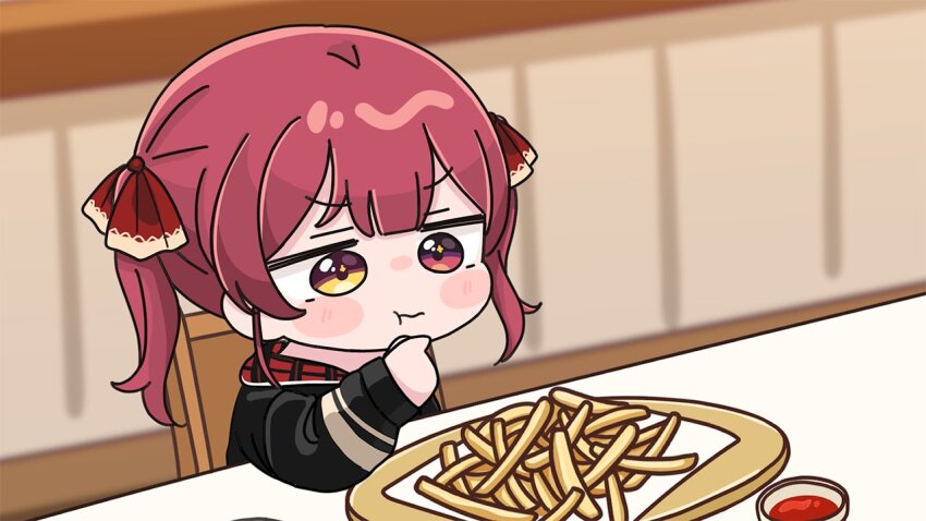 1girl :t black_jacket blurry blurry_background blush_stickers brown_eyes chair chibi closed_mouth depth_of_field eating food french_fries hair_ribbon heterochromia hololive houshou_marine houshou_marine_(summer) indoors jacket mochimiko official_alternate_costume on_chair red_eyes red_hair red_ribbon ribbon solo twintails upper_body v-shaped_eyebrows virtual_youtuber wavy_mouth