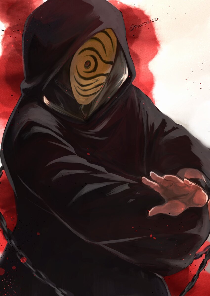 1boy black_hair blood blood_stain embers from_side highres hood hood_up male_focus masked_madara mocca1226 naruto_(series) naruto_shippuuden official_alternate_costume outstretched_arms red_eyes sharingan solo uchiha_obito upper_body