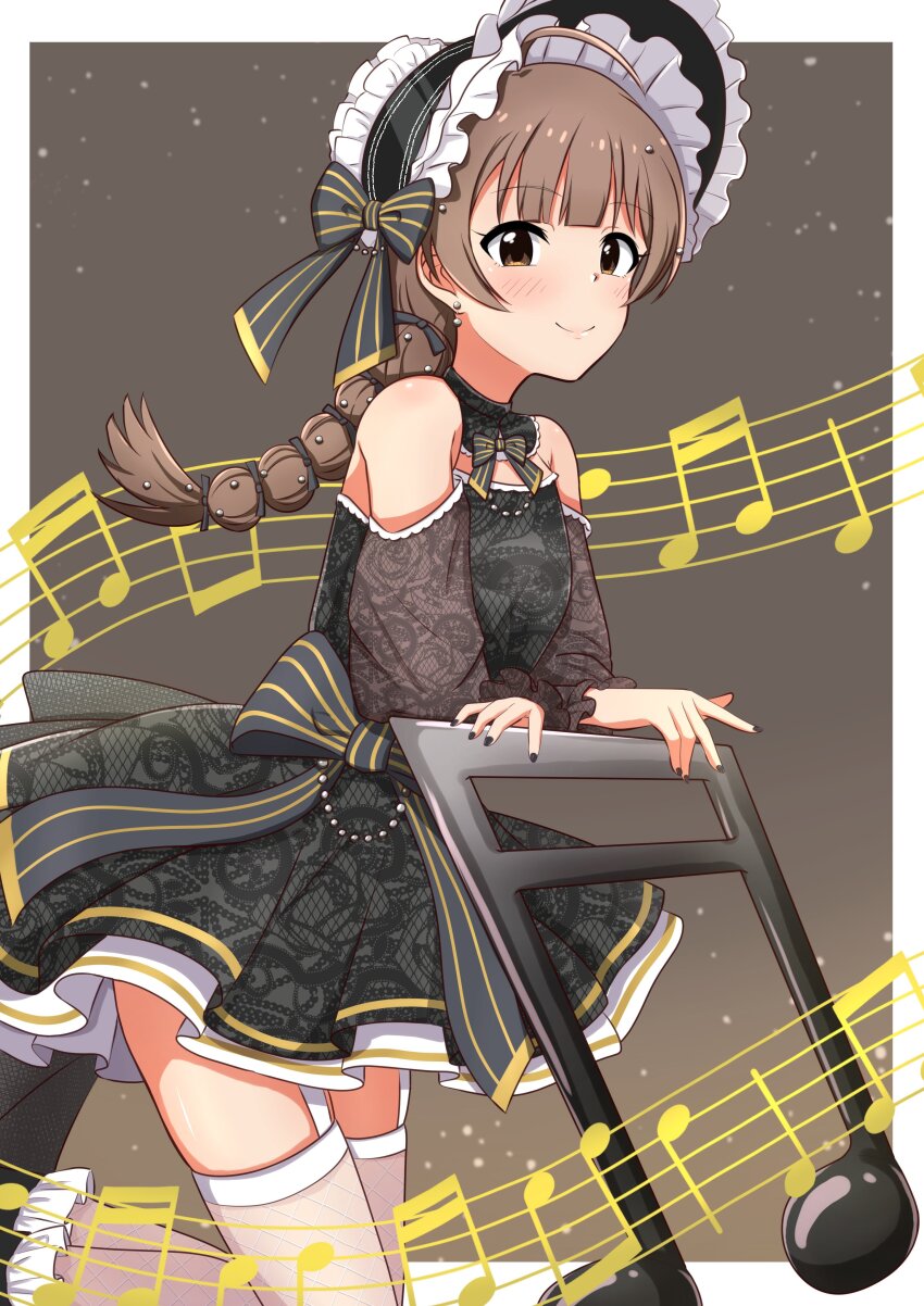 1girl absurdres ahoge black_bow black_dress black_nails blush bonnet border bow braid brown_eyes brown_hair closed_mouth commentary_request dress earrings fingernails fishnet_thighhighs fishnets garter_straps hakozaki_serika highres idolmaster idolmaster_million_live! jewelry long_hair looking_at_viewer mimiu_p musical_note nail_polish outside_border see-through_clothes see-through_thighhighs single_braid smile solo striped_bow stud_earrings thighhighs white_border