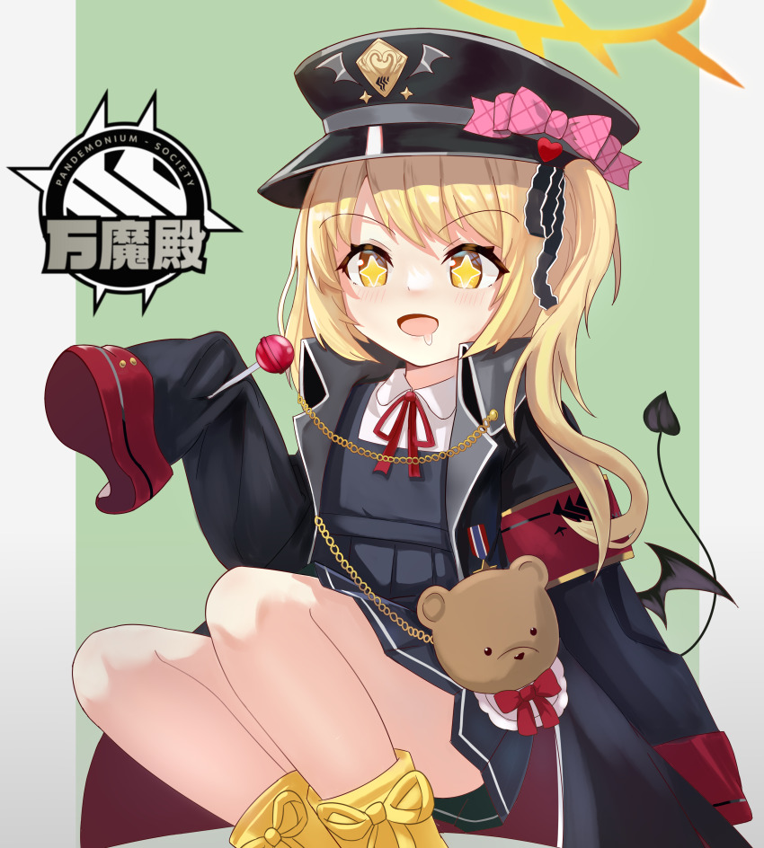 +_+ 1girl :d absurdres black_hat black_ribbon black_skirt blonde_hair blue_archive blush boots bow candy chinese_commentary commentary demon_girl demon_tail drooling feet_out_of_frame food green_background hair_between_eyes hair_ribbon halo happy hat hat_bow hat_ornament heart heart_hat_ornament highres holding holding_candy holding_food holding_lollipop ibuki_(blue_archive) knees_up lollipop long_hair looking_at_food miniskirt mixian mouth_drool neck_ribbon open_mouth oversized_clothes peaked_cap pink_bow pleated_skirt red_ribbon ribbon side_ponytail simple_background sitting skirt sleeves_past_fingers sleeves_past_wrists smile solo stuffed_animal stuffed_toy tail tail_raised teddy_bear wide_sleeves yellow_boots yellow_eyes yellow_halo