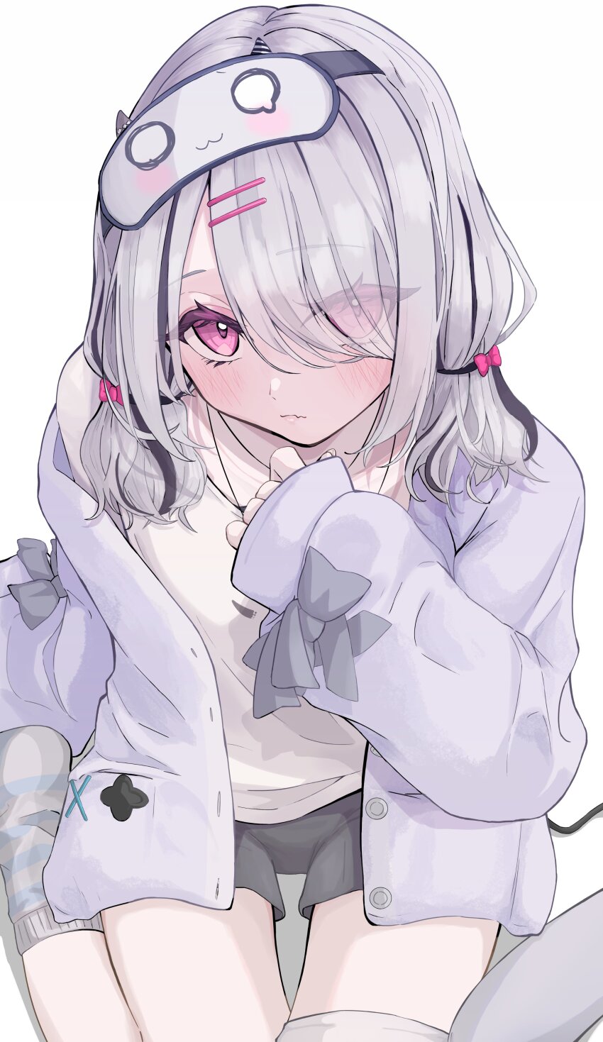 1girl absurdres asumi_sena asumi_sena_(5th_costume) asymmetrical_legwear black_shorts cardigan cattleya_regina_games dontsu eyes_visible_through_hair from_above grey_cardigan grey_socks hair_ornament hairpin highres jewelry light_blush long_sleeves looking_at_viewer low-tied_medium_hair multicolored_hair necklace one_eye_covered open_cardigan open_clothes parted_lips pink_hair shirt short_shorts shorts simple_background single_thighhigh sitting sleep_mask sleeves_past_wrists socks solo streaked_hair thigh_gap thighhighs virtual_youtuber vspo! wariza white_background white_hair white_shirt