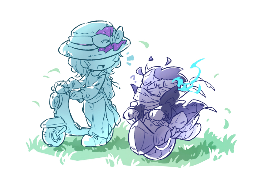 0olqplo0 1girl ? blue_fire exhaust_pipe fire grass hat hat_over_eyes kirby_(series) kirby_air_ride kirby_air_riders kirby_and_the_forgotten_land looking_at_another moped motor_vehicle neichel_(kirby) nintendo noir_dedede short_hair star-crossed_world wheelie_(kirby)