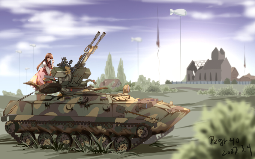 1girl absurdres armored_personnel_carrier armored_vehicle autocannon balloon barrage_balloon black_hair blue_sky blurry blurry_background bush cannon caterpillar_tracks chinese_commentary commentary_request dated dress full_body highres houraisan_kaguya long_hair military_vehicle motor_vehicle outdoors pink_dress pzgr.40 rock self-propelled_anti-aircraft-gun signature sky solo tank touhou