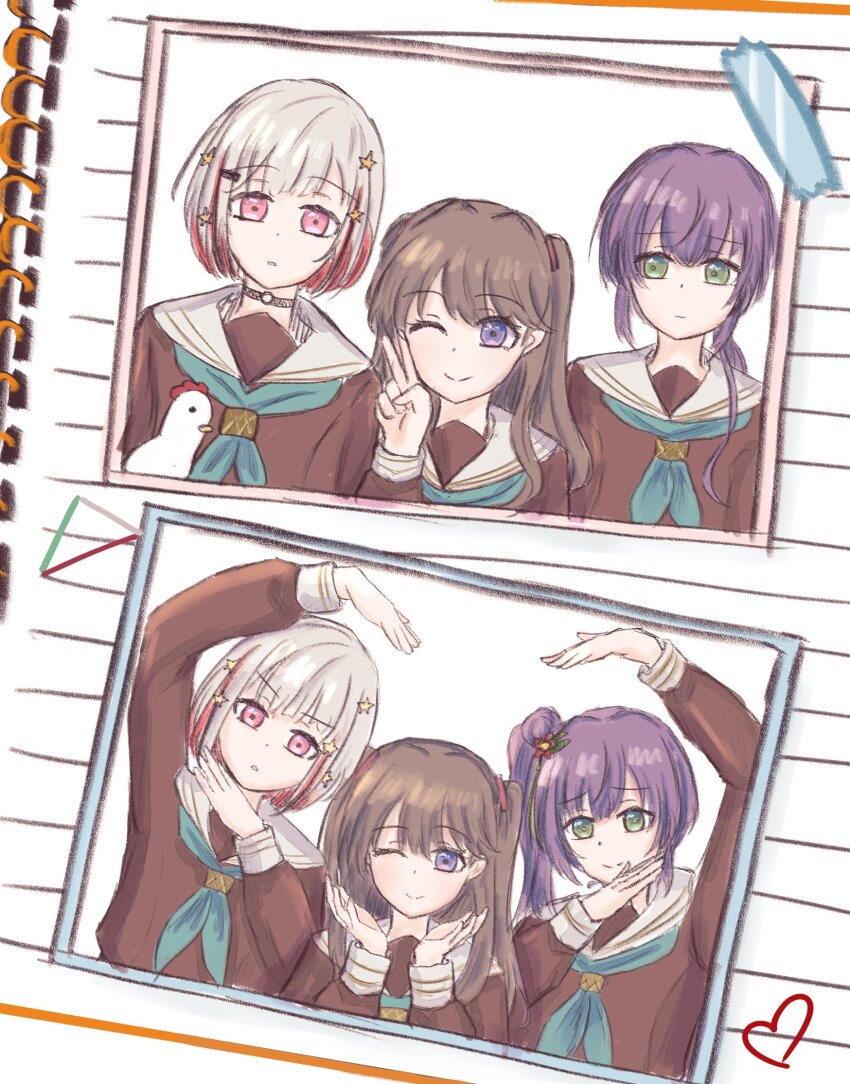 3girls ;) aqua_neckerchief bob_cut brown_dress brown_hair closed_mouth colored_inner_hair commentary comparison dress flower fujishima_megumi green_eyes grey_hair hair_bun hair_flower hair_ornament hairclip hasu_no_sora_school_uniform heart heart_arms heart_arms_trio highres hikari863126 inverted_bob link!_like!_love_live! long_hair long_sleeves looking_at_viewer love_live! low_ponytail multicolored_hair multiple_girls neckerchief official_alternate_hairstyle one_eye_closed otomune_kozue parted_lips peking_duck_(love_live!) photo_(object) pink_eyes ponytail purple_eyes red_flower red_hair sailor_collar sailor_dress school_uniform short_hair side_ponytail sidelocks single_side_bun smile split_mouth star_(symbol) star_hair_ornament streaked_hair stuffed_chicken tape tassel tassel_hair_ornament triangle two_side_up v v-shaped_eyebrows virtual_youtuber white_sailor_collar winter_uniform yugiri_tsuzuri