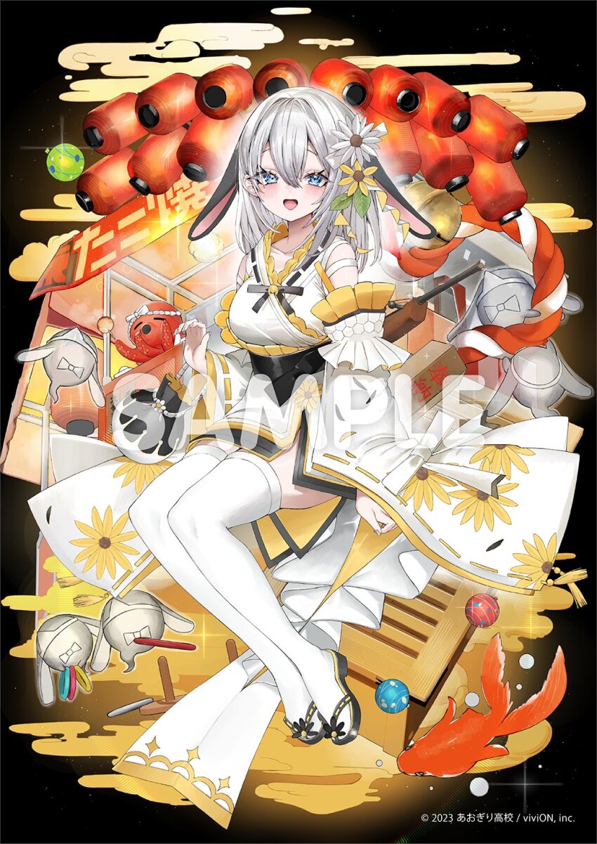1girl :d animal animal_ears black_sandals blue_eyes bow bowtie breasts commentary_request copyright_request detached_sleeves egasumi fish floppy_ears flower goldfish grey_hair hair_between_eyes hair_flower hair_ornament hat highres japanese_clothes kamioka_shun&#039;ya kimono lantern long_hair long_sleeves looking_at_viewer market_stall medium_breasts obi octopus official_art open_mouth paper_lantern rabbit_ears ribbon-trimmed_sleeves ribbon_trim sample_watermark sandals sash sleeveless sleeveless_kimono sleeves_past_wrists smile solo thighhighs triangular_headpiece watermark white_bow white_bowtie white_flower white_hat white_kimono white_sleeves white_thighhighs wide_sleeves yellow_flower