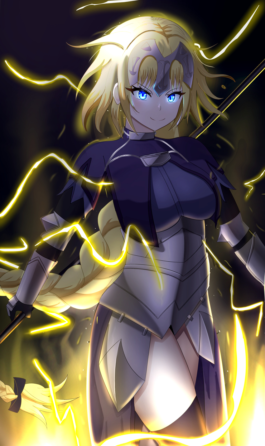 1girl absurdres armor armored_dress blonde_hair blue_eyes blush braid breasts chain dress fate/apocrypha fate/grand_order fate_(series) faulds flag gauntlets headpiece highres holding holding_weapon jeanne_d&#039;arc_(fate) large_breasts light_particles long_braid long_hair long_skirt looking_at_viewer magic night non-web_source plackart polearm short_hair simple_background single_braid skirt smile solo spear standard_bearer very_long_hair weapon yissou_art