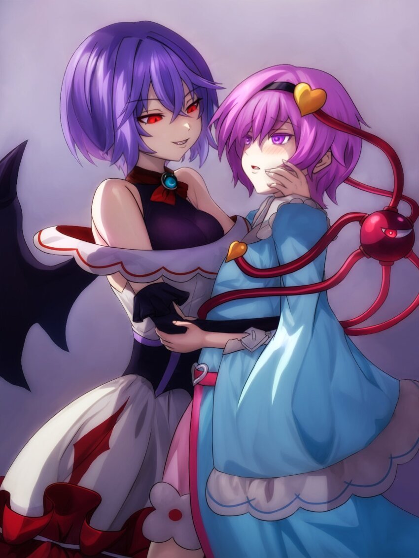 2girls alternate_costume bare_shoulders bat_wings black_shirt blue_dress breasts brooch buttons collared_shirt commentary_request dress elbow_gloves eyeball fangs frilled_shirt_collar frills gloves grin hair_ornament hairband heart heart_button heart_hair_ornament heart_of_string highres hug jewelry komeiji_satori long_sleeves medium_breasts merihari07 multiple_girls pink_eyes pink_hair pink_skirt purple_eyes red_eyes remilia_scarlet shirt short_hair skirt sleeveless sleeveless_shirt sleeves_past_wrists slit_pupils smile third_eye touhou white_dress wide_sleeves wings yuri