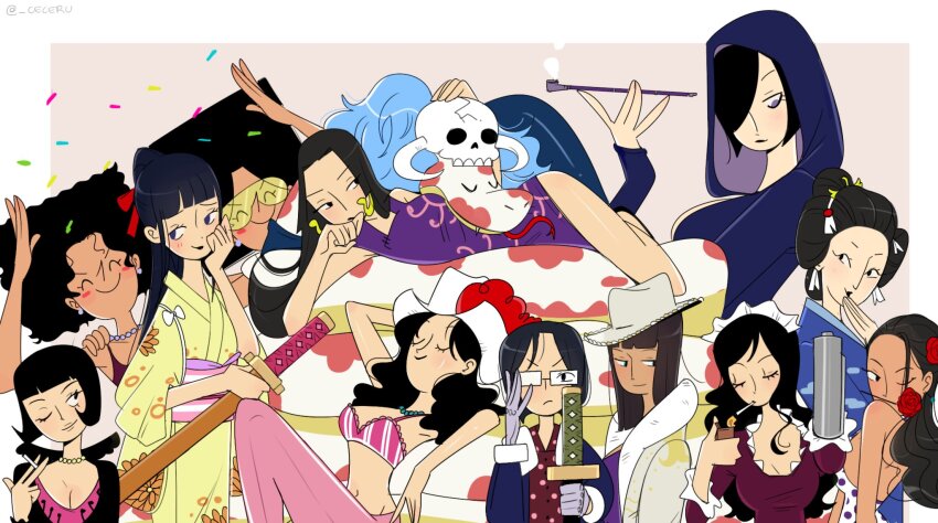 6+girls ^_^ alvida_(one_piece) baby_5 bikini black_hair blue_hair blunt_bangs blush blush_stickers boa_hancock bob_cut cesel closed_eyes commentary cowboy_hat dress earrings english_commentary flower flower_in_mouth glasses gloves hair_over_one_eye hair_slicked_back hat highres holding holding_smoking_pipe holding_sword holding_weapon hood japanese_clothes jewelry kikunojo_(one_piece) kimono kiwi_(one_piece) long_hair madame_shirley mermaid monster_girl mos_(one_piece) multiple_girls necklace nico_robin nico_robin_(alabasta) obi one_eye_closed one_piece pearl_necklace ponytail purple_dress red_flower red_rose rose salome_(one_piece) sash shakuyaku_(one_piece) short_hair siblings sisters skull smoke smoking_pipe snake snake_earrings swept_bangs swimsuit sword tashigi tongue tongue_out tsuru_(one_piece) twitter_username upper_body viola_(one_piece) weapon wide_sleeves yellow_eyes yellow_kimono