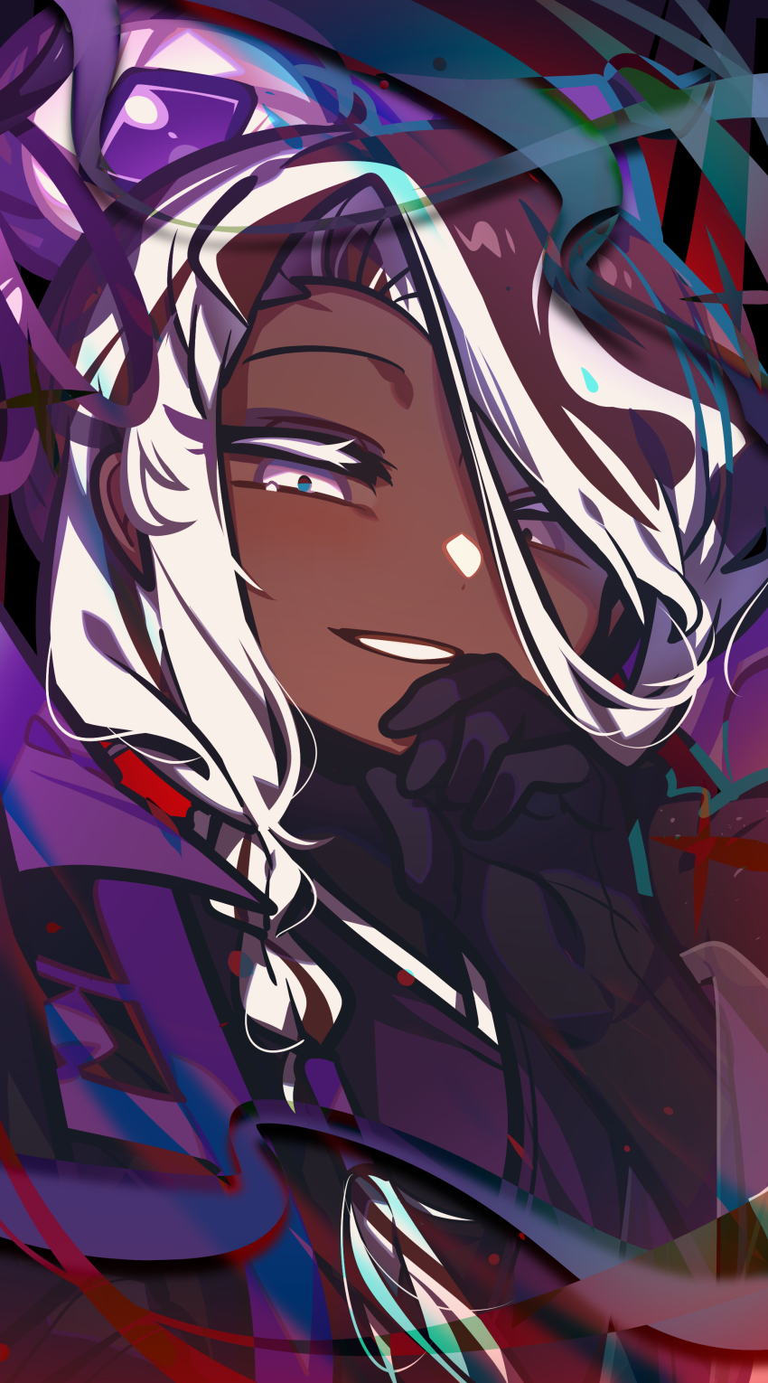 1boy absurdres affogato_cookie black_gloves braid brown_hair colored_eyelashes cookie_run cookie_run:_kingdom dark-skinned_male dark_skin gloves grin hair_over_one_eye half-closed_eyes hand_on_own_chin hand_on_own_face highres humanization japanese_clothes kimono long_hair long_sleeves looking_at_viewer male_focus multicolored_hair omoyu_(nakyu715) purple_kimono smile solo streaked_hair trap two-tone_hair upper_body very_dark_skin white_eyelashes white_eyes white_hair