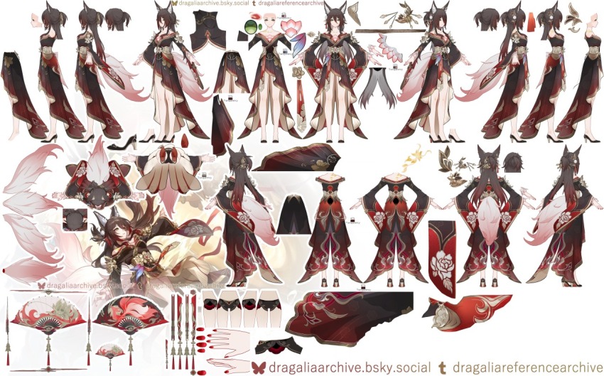 animal_ears black_shorts brown_hair fox_ears fox_girl fox_tail fugue_(honkai:_star_rail) green_eyes hair_ornament hand_fan high_heels honkai:_star_rail honkai_(series) red_nails reference_sheet shorts tail tingyun_(honkai:_star_rail)