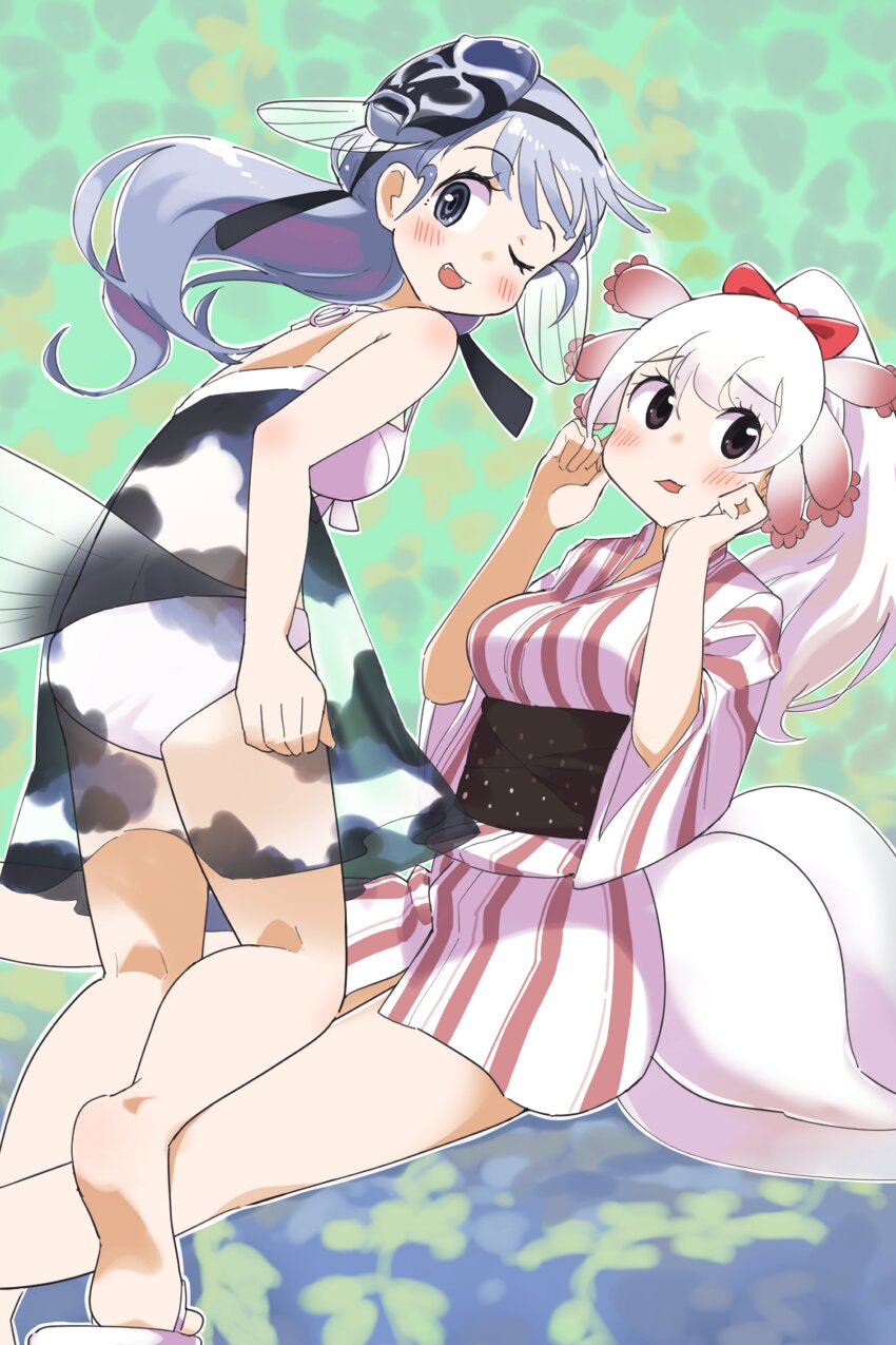 2girls absurdres adapted_costume bare_arms bare_shoulders barefoot bikini blue_eyes blush bow camouflage_dress fins fish_girl fish_tail grey_eyes grey_hair hair_bow highres iwa_(iwafish) japanese_clothes jinmen-gyo_(kemono_friends) kemono_friends kimono lizard_tail long_hair mask mask_on_head mexico_salamander_(kemono_friends) multicolored_hair multiple_girls one_eye_closed ponytail red_hair red_kimono reptile_girl sandals short_kimono striped_clothes striped_kimono swimsuit tail two-tone_kimono vertical-striped_clothes vertical-striped_kimono white_bikini white_hair white_kimono zouri
