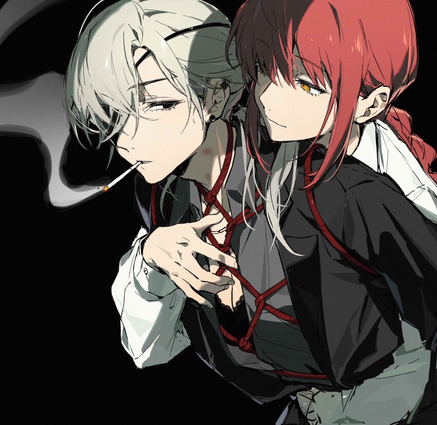 2girls absurdres arm_around_waist black_background black_bra black_eyes black_jacket blonde_hair bra braid braided_ponytail bruise chainsaw_man cigarette ear_piercing eye_contact eyepatch from_side grey_shirt hair_over_shoulder half-closed_eyes hand_on_another&#039;s_chest hickey highres hug hug_from_behind injury jacket lace lace-trimmed_bra lace_trim looking_at_another low_ponytail makima_(chainsaw_man) medium_hair multiple_girls one_eye_covered oyo_hitsuji parted_lips piercing ponytail quanxi_(chainsaw_man) red_hair shibari shibari_over_clothes shirt simple_background single_braid smoke smoking swept_bangs underwear upper_body white_shirt yellow_eyes yuri