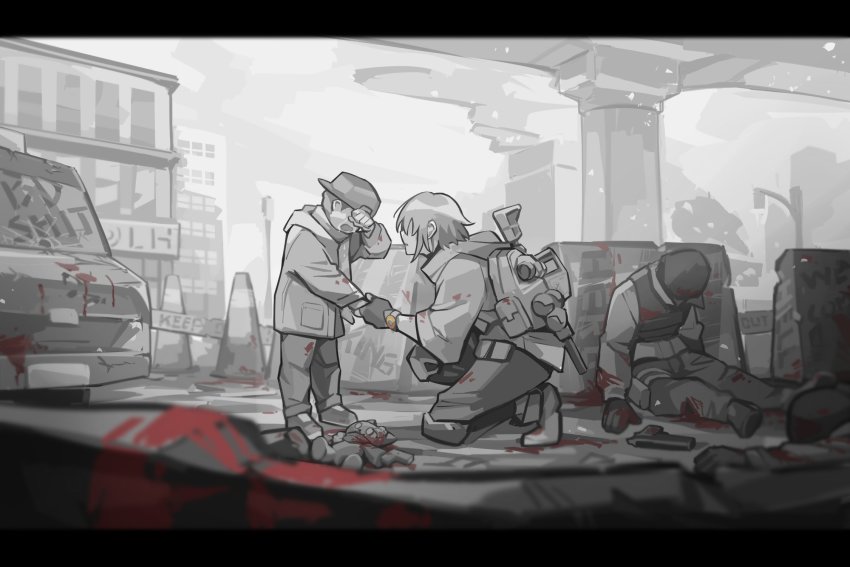 1girl 3boys agent_vector_(girls&#039;_frontline) balaclava baseball_cap blood blood_splatter broken_window car city commentary crossover crying death english_commentary english_text fingerless_gloves girls&#039;_frontline gloves gun handgun hat highres hood hood_down knee_pads kriss_vector last_man_battalion letterboxed mask motor_vehicle multiple_boys profanity smoke stuffed_animal stuffed_toy submachine_gun tactical_clothes teddy_bear tom_clancy&#039;s_the_division traffic_cone weapon xinhao