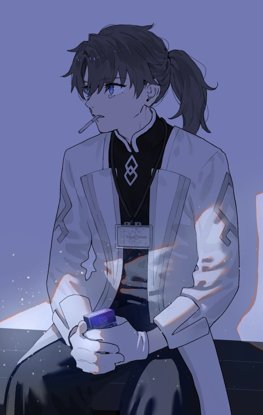 1boy black_hair black_pants black_shirt blue_eyes chaldea_logo chaldea_security_organization cigarette cigarette_pack cosplay crying crying_with_eyes_open fate/grand_order fate_(series) fujimaru_ritsuka_(male) gloves high_collar highres holding holding_cigarette_pack jacket long_sleeves name_tag nipi27 pants ponytail romani_archaman romani_archaman_(cosplay) shirt short_hair sitting sleeves_rolled_up smoking solo sunlight tears white_gloves white_jacket