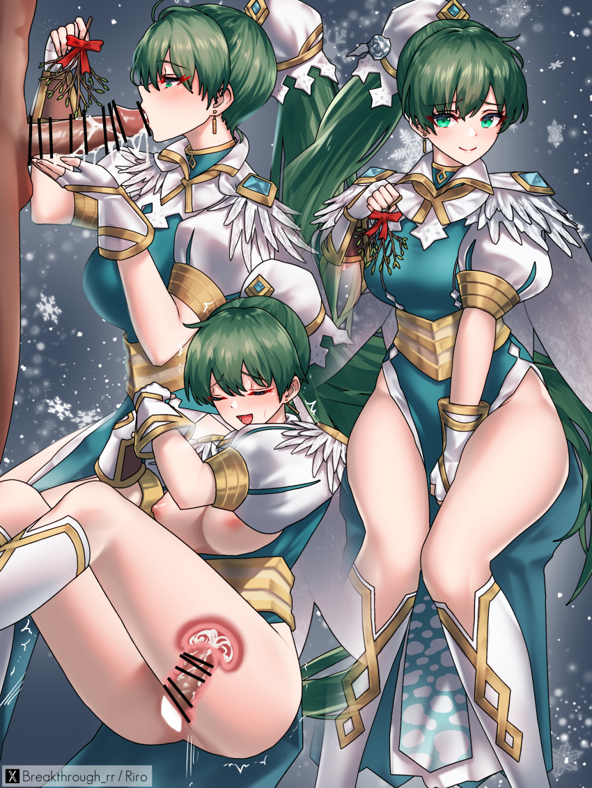 1boy 1girl absurdres artist_name bar_censor blue_dress boots breasts censored closed_eyes clothed_female_nude_male cross-section cum cum_in_pussy dress fellatio fingerless_gloves fire_emblem fire_emblem:_the_blazing_blade fire_emblem_heroes gloves green_eyes green_hair highres long_hair lyn_(fire_emblem) lyn_(resplendent)_(fire_emblem) nintendo nipples nude open_mouth oral penis ponytail riro_(breakthrough_rr) sex smile snowing vaginal white_boots white_gloves