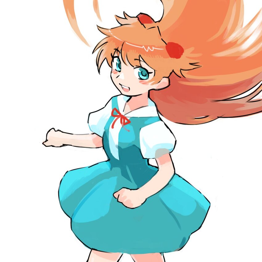 1girl :d blue_eyes blue_skirt floating_hair gan2 highres interface_headset_(evangelion) long_hair neon_genesis_evangelion open_mouth orange_hair red_ribbon ribbon school_uniform shirt short_sleeves simple_background skirt smile solo souryuu_asuka_langley teeth tokyo-3_middle_school_uniform upper_teeth_only white_background white_shirt
