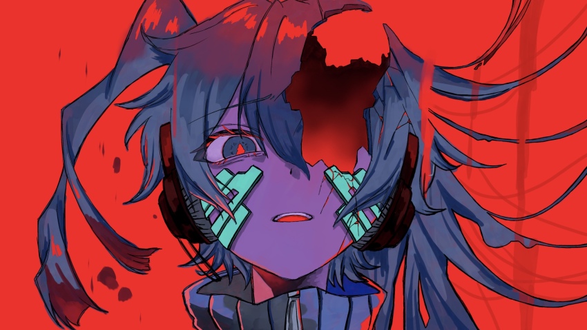 1girl blue_eyes blue_hair ene_(kagerou_project) hair_half_undone headphones highres hole_in_head kagerou_project long_hair looking_at_viewer marshmallow_(vocaloid) parted_lips pumooon_nw red_background red_pupils short_twintails solo teeth twintails upper_teeth_only