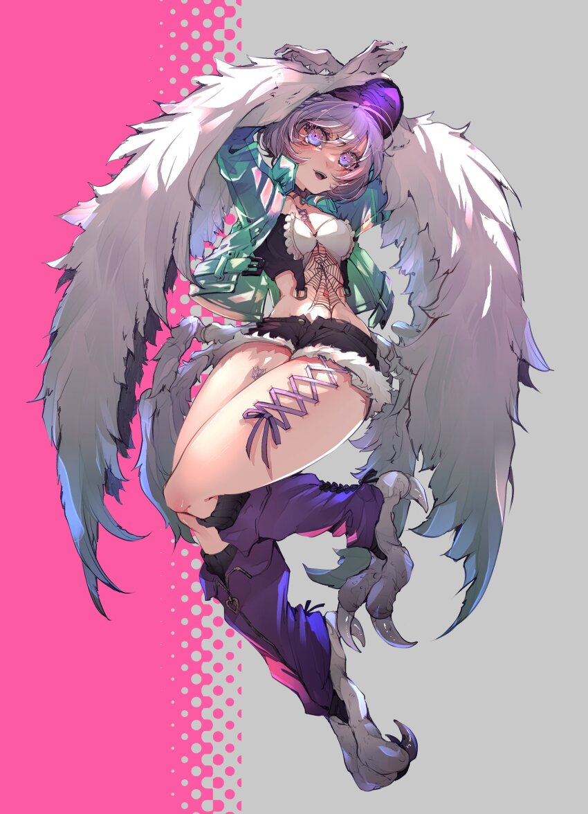 1girl absurdres amiya_aranha black_shorts blush bucko_(amiya_aranha) commentary commission corset_piercing english_commentary green_jacket harpy hat head_tilt highres indie_virtual_youtuber jacket leg_warmers looking_at_viewer midair monster_girl monsterification open_mouth purple_hair purple_leg_warmers purple_ribbon ribbon second-party_source short_hair short_shorts shorts silk skeb_commission smile snuq solo spider_web talons virtual_youtuber winged_arms wings