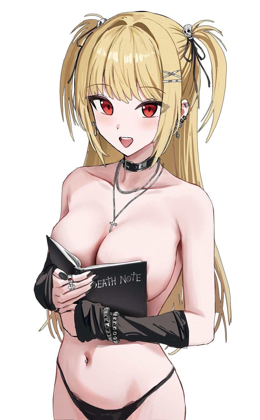 1girl amane_misa bare_shoulders black_arm_warmers black_choker black_nails black_panties blonde_hair blush boobs_in_book_(meme) book breasts choker commentary_request cross cross_earrings cross_necklace death_note death_note_(object) ear_piercing earrings fingernails hair_intakes hair_ornament highres holding holding_book jewelry large_breasts looking_at_viewer meme nail_polish navel_piercing necklace open_mouth panties piercing red_eyes ring simple_background skrillex_li skull_hair_ornament smile solo teeth topless_female two_side_up underwear upper_body upper_teeth_only white_background