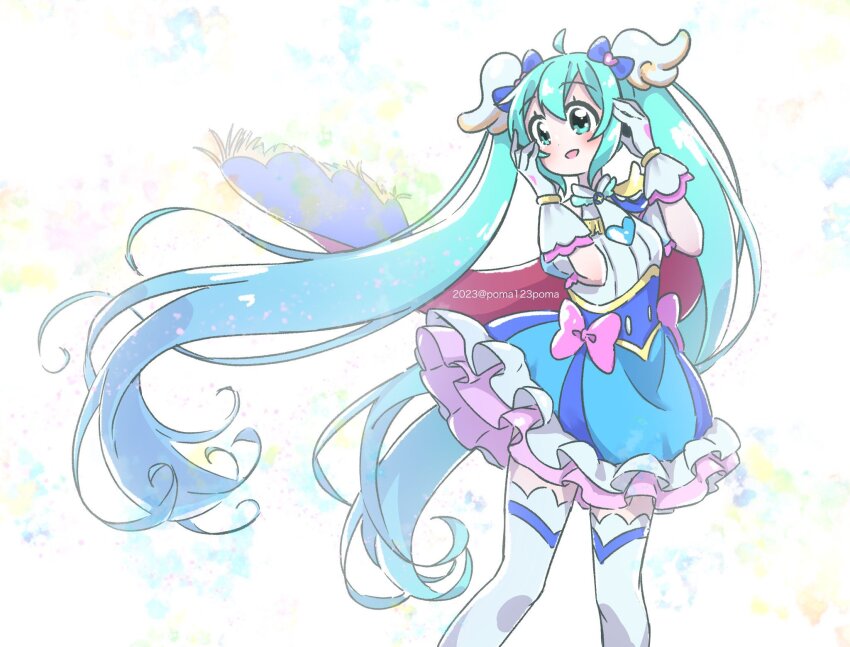 1girl ahoge blue_eyes blue_hair blush bow cape cosplay cure_sky cure_sky_(cosplay) frills gloves hair_ornament hatsune_miku highres hirogaru_sky!_precure long_hair magical_girl pink_bow poma123poma precure smile solo thighhighs twintails two-sided_cape two-sided_fabric very_long_hair vocaloid white_gloves white_thighhighs wing_hair_ornament