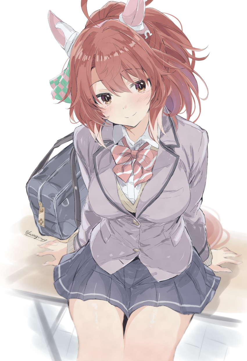 1girl ahoge animal_ears bag bow brown_hair dantsu_flame_(umamusume) ear_covers highres horse_ears horse_girl horse_tail jacket kannagiray multicolored_hair pleated_skirt ponytail school_bag school_uniform sitting skirt solo tail two-tone_hair umamusume white_background yellow_eyes