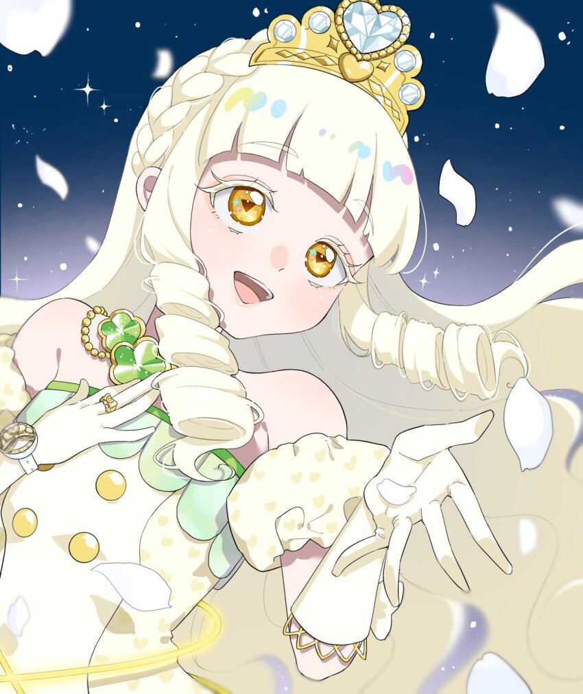 1girl :d bare_shoulders blonde_hair blue_background blunt_bangs bracelet colored_eyelashes commentary_request dress drill_hair drill_sidelocks elbow_gloves falling_petals floating_hair gem gloves gradient_background hand_on_own_chest hands_up heart heart_print highres himitsu_no_aipri idol idol_clothes jewelry long_hair open_hand open_mouth petals pretty_series puffy_short_sleeves puffy_sleeves ring short_sleeves sidelocks sleeveless sleeveless_dress smile solo straight_hair strapless strapless_dress suzukaze_tsumugi_(princess_aipri) symbol-shaped_pupils teeth tiara triangle-shaped_pupils upper_body upper_teeth_only white_dress white_gemstone white_gloves white_sleeves yellow_eyes yunomikuchi