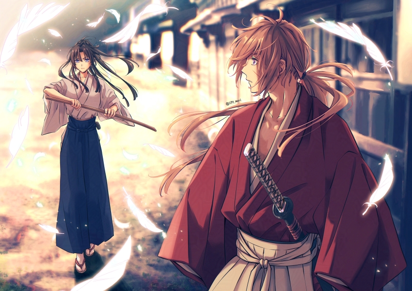 1boy 1girl 294_mori architecture black_hair blue_eyes blue_hakama blurry blurry_background bokken commentary_request cross_scar east_asian_architecture facial_scar feathers full_body hakama hakama_pants hakama_skirt high_ponytail highres himura_kenshin holding holding_weapon japanese_clothes kamiya_kaoru katana kimono long_hair looking_at_another low_ponytail outdoors pants ponytail red_hair red_kimono rurouni_kenshin sandals scar scar_on_cheek scar_on_face sheath sheathed skirt socks standing sword twitter_username upper_body weapon white_feathers white_hakama white_kimono white_socks wide_sleeves wooden_sword