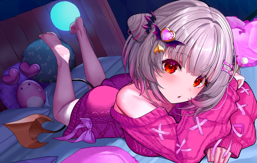1girl absurdres alternate_costume blush bow cable_knit commentary_request cone_hair_bun creature demon_girl demon_tail dress full_body futayamam2 gradient_hair grey_hair hair_bun hair_intakes highres indie_virtual_youtuber kanikama_(suou_patra) looking_at_viewer lying mimikaki multicolored_hair off-shoulder_dress off-shoulder_sweater off_shoulder official_art on_bed on_stomach open_mouth orange_eyes pillow pink_bow pink_hair pink_sweater short_hair sleeves_past_wrists solo suou_patra sweater sweater_dress tail the_pose virtual_youtuber