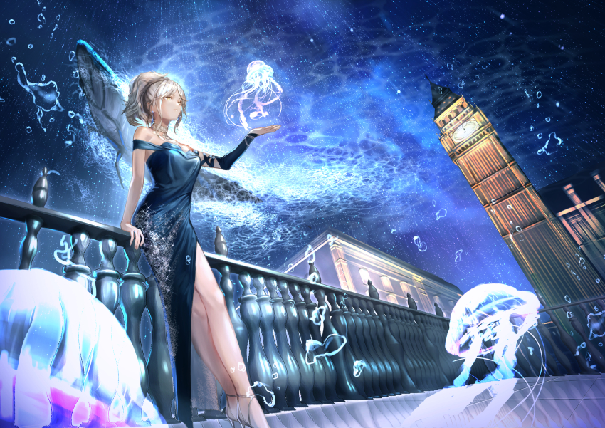 1girl absurdres against_railing air_bubble bare_legs bare_shoulders blue_bridal_gauntlets blue_dress bridal_gauntlets bubble caustics clock clock_tower dress elizabeth_tower eternity_(reverse:1999) fish from_below grey_footwear hand_on_railing hand_up high_heels highres jellyfish jellyfish_earrings jewelry long_dress looking_up necklace parted_lips ponytail qdx4p railing reverse:1999 scenery side_slit single_bare_arm single_bridal_gauntlet solo standing tower underwater white_hair wide_shot yellow_eyes