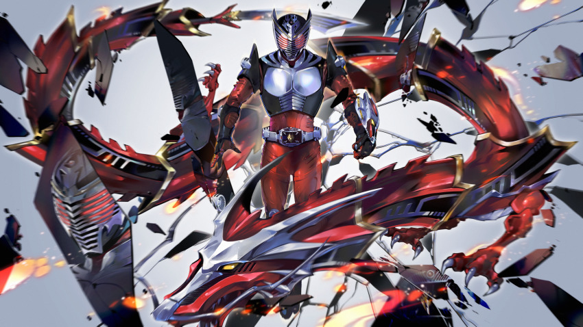1boy absurdres advent_deck armor badluck belt bodysuit claws commentary compound_eyes dragon dragreder dragvisor eastern_dragon embers glass_shards highres kamen_rider kamen_rider_ryuki kamen_rider_ryuki_(series) male_focus open_hand open_mouth red_bodysuit red_eyes reflection rider_belt sharp_teeth teeth tokusatsu yellow_eyes