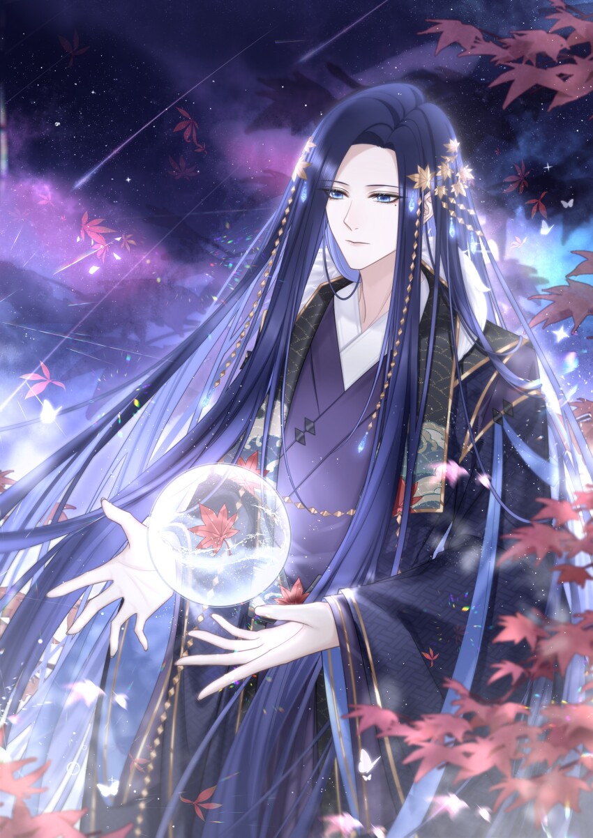 1boy absurdres alternate_costume beads black_coat blue_eyes blue_hair branch bug butterfly chinese_clothes clarence_clayden clarence_clayden_(godheim) closed_mouth coat cowboy_shot cupping_hands curtained_hair dark_blue_hair expressionless falling_leaves fur-trimmed_coat fur_trim gold_trim hair_beads hair_ornament hanfu highres insect leaf leaf_hair_ornament light_particles long_hair long_sleeves looking_at_object lovebrush_chronicles luki_9713 male_focus maple_leaf mole mole_under_eye night object_floating_above_hand open_clothes open_coat orb own_hands_together parted_bangs purple_robe robe sayagata sky solo standing star_(sky) starry_sky very_long_hair white_butterfly wide_sleeves