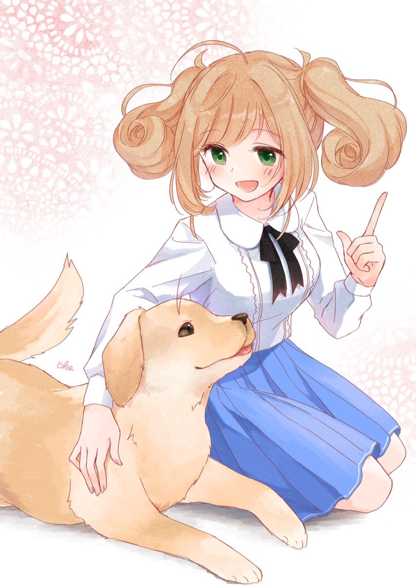 1girl :d blue_skirt blush breasts brown_hair dog finger_gun gradient_background green_eyes highres idolmaster idolmaster_cinderella_girls kneeling looking_at_animal medium_breasts neck_ribbon open_mouth patterned_background pleated_skirt ribbon sato_shin shirt skirt smile twintails uika310p white_shirt