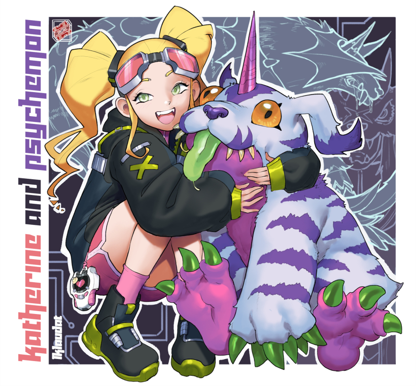 1girl digimon digivice female_focus highres horns jacket original psychemon solo tongue tongue_out