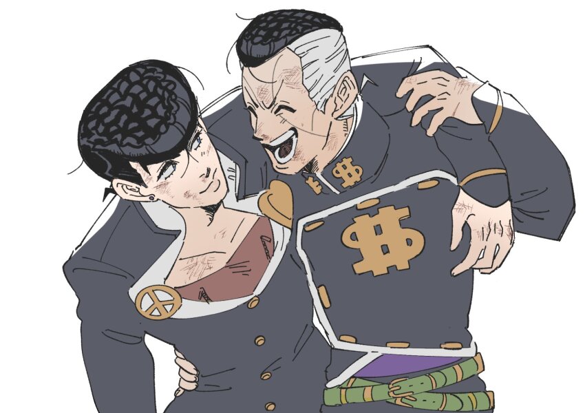 2boys ^_^ arm_around_neck arm_around_waist arm_up belt belt_buckle black_hair black_jacket brooch brown_shirt bruise bruise_on_face buckle buttons closed_eyes collared_jacket commentary cowboy_shot diamond_wa_kudakenai ear_piercing earrings gakuran green_belt hand_on_another&#039;s_arm heart higashikata_josuke highres injury jacket jewelry jojo_no_kimyou_na_bouken looking_at_another looking_to_the_side male_focus multicolored_hair multiple_belts multiple_boys nijimura_okuyasu open_clothes open_collar open_jacket open_mouth peace_symbol piercing pompadour popped_collar school_uniform shirt short_hair sideways_glance simple_background smile symbol-only_commentary teeth tirauraja two-tone_hair white_background