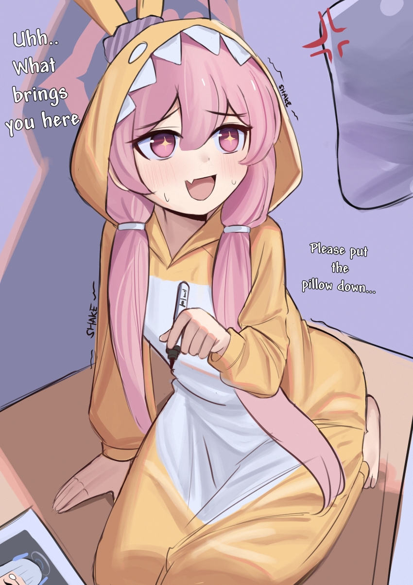 +_+ 1girl 1other :d absurdres animal_ear_hood blue_archive english_text fake_animal_ears fang full_body hair_between_eyes halo highres hood hood_up hooded_pajamas indoors iog626 koyuki_(blue_archive) koyuki_(pajamas)_(blue_archive) long_hair looking_at_another nervous_smile noa_(blue_archive) official_alternate_costume open_mouth pajamas photo_(object) pink_eyes pink_hair pink_halo rabbit_pajamas scared sitting smile solo_focus trembling twintails very_long_hair yellow_pajamas