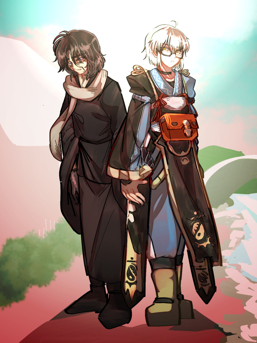 2boys bags_under_eyes black-framed_eyewear black_boots black_hair black_kimono black_pants black_shirt blue_pants boots brown_boots commentary_request glasses hair_between_eyes highres hijiri_myouren holding_hands japanese_clothes kimono long_sleeves looking_at_viewer male_focus morichika_rinnosuke multiple_boys open_mouth orange_bag pants scarf shippuu_jinnari shirt short_hair standing touhou white_hair white_scarf yaoi yellow_eyes