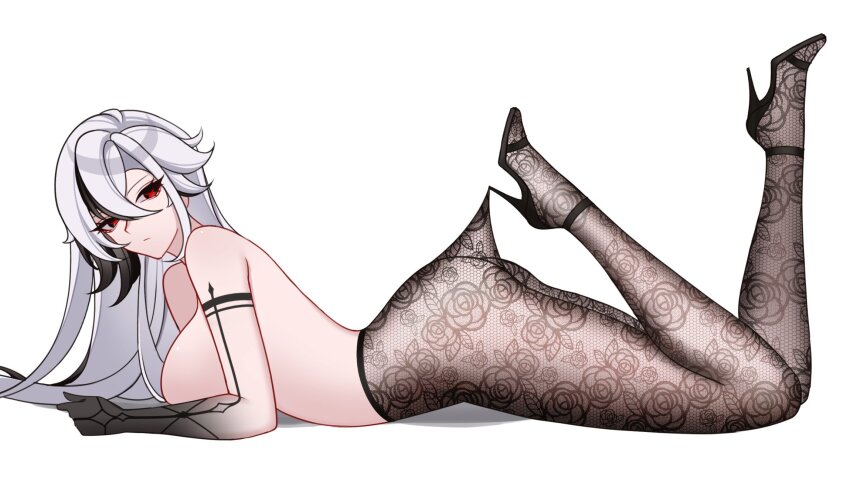 1girl arlecchino_(genshin_impact) black_hands black_pantyhose black_streaks breasts charlie_purrito closed_mouth colored_extremities commentary english_commentary from_side genshin_impact hair_between_eyes highres hooked_on_heel lace_pantyhose lace_pantyhose_hooked_on_heel_(meme) large_breasts legs_up long_hair looking_to_the_side lying meme multicolored_hair no_bra on_stomach pantyhose red_pupils simple_background solo streaked_hair symbol-shaped_pupils very_long_hair white_background white_hair x-shaped_pupils