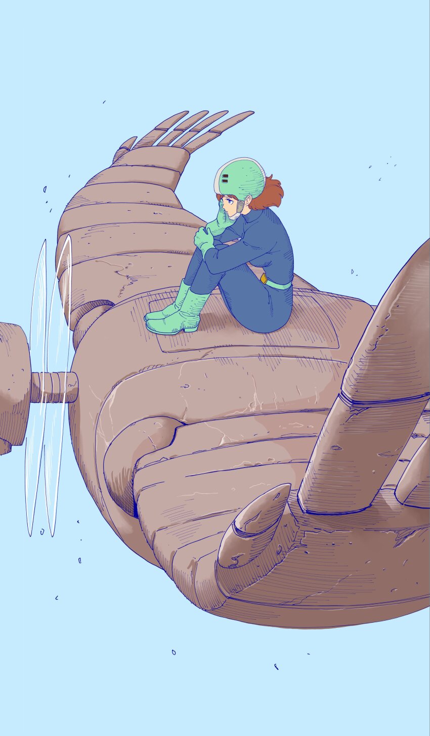 1girl absurdres alternate_costume aruga_teruto belt blue_sky boots breasts brown_hair closed_mouth commentary_request crossover full_body gloves helmet highres kaze_no_tani_no_nausicaa laputa_robot legs_together medium_breasts nausicaa robot short_hair sitting sky studio_ghibli tenkuu_no_shiro_laputa