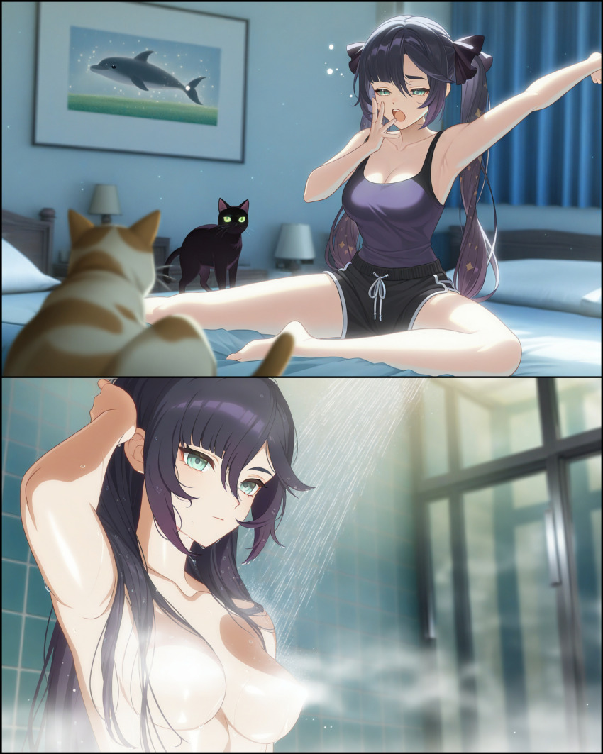 absurdres arm_up armpits bathroom bed bedroom black_hair breasts cleavage completely_nude convenient_censoring dolphin_shorts feet_out_of_frame genshin_impact green_eyes hair_down hand_on_own_head highres lamp light_particles medium_breasts mona_(genshin_impact) nude shorts showering sleepy steam steam_censor tank_top tiles twintails wet yawning