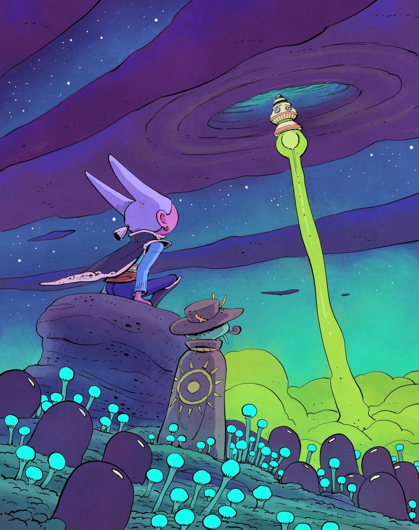 1boy 1girl bioluminescence brown_cloak cloak commentary fantasy from_behind glowing hat highres migamigami nature night night_sky original outdoors pants plant rock rocket scenery shirt sitting sky smoking_pipe standing star_(sky) starry_sky wide_brim
