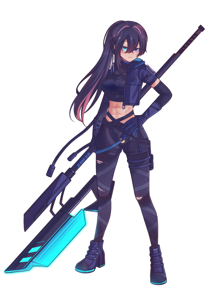 1girl abs absurdres aizeis arm_belt belt black_hair boots breasts cable chrono_ark commission commissioner_upload elbow_gloves energy_weapon full_body gloves glowing glowing_weapon hand_on_own_hip heterochromia high_heel_boots high_heels highres holding holding_polearm holding_weapon hood hoodie jacket long_hair medium_breasts multicolored_hair multiple_belts non-web_source open_clothes open_jacket original pantyhose pink_hair polearm ponytail short_sleeves shorts thigh_belt thigh_strap transparent_background two-tone_hair weapon